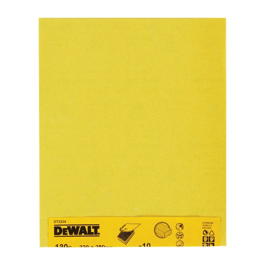 DEWALT DT3234 yellow sandpaper sheet with printed brand label and symbols at the bottom.