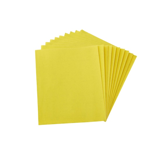 A group of yellow rectangular sandpaper sheets, fanned out and stacked on a white background.