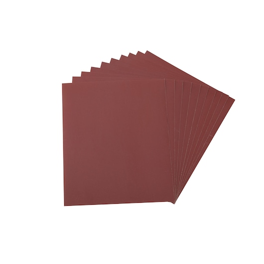 A set of eight rectangular red abrasive sanding sheets, fanned out in a layered arrangement.