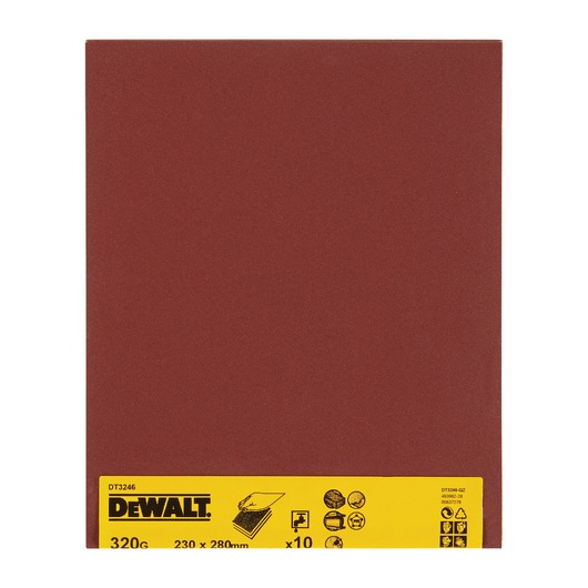 DEWALT DT3246 320G sandpaper sheet, brown, 230x280mm, pack of 10, shown with yellow product label.