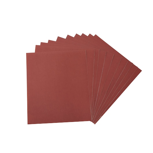 Fan arrangement of several red square sandpaper sheets, shown on a white background.