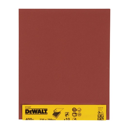 DEWALT DT3247 sandpaper sheet, 400 grit, 230x280mm, brown with yellow label. Pack of 10 sheets.