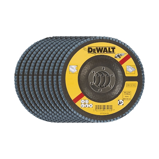 A set of DEWALT branded abrasive flap discs with a yellow and black label, used for grinding and finishing surfaces. The discs are stacked and display the product information and barcode on the front disc.