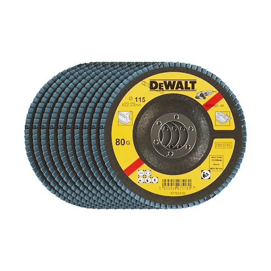 DEWALT flap discs set, product SKUs DT3257 and DT3257-QZ, round abrasive tools for grinding.