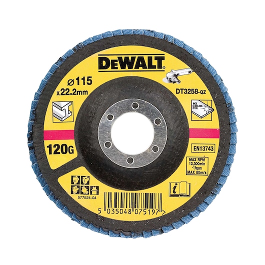 DEWALT DT3258 flap disc, 115mm diameter, 120 grit, for grinding metal and stainless steel.