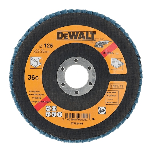DEWALT DT3265 flap disc, 125mm diameter, 36 grit, for grinding metal, features orange label and safety icons.