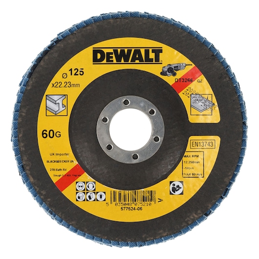 DEWALT DT3266 abrasive flap disc, 125mm diameter, 60 grit, for metal grinding and sanding applications.