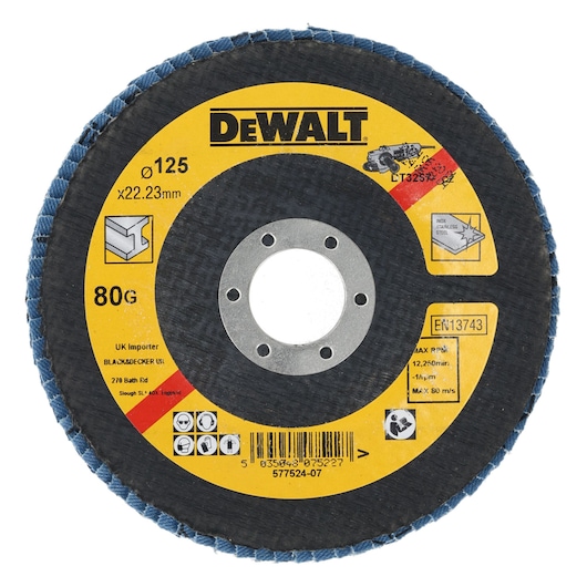 A DEWALT branded abrasive flap disc, model DT3267, with a diameter of 125mm and a center hole of 22.23mm, 80 grit. The disc is designed for use with angle grinders and suitable for working with stainless steel and metal surfaces.