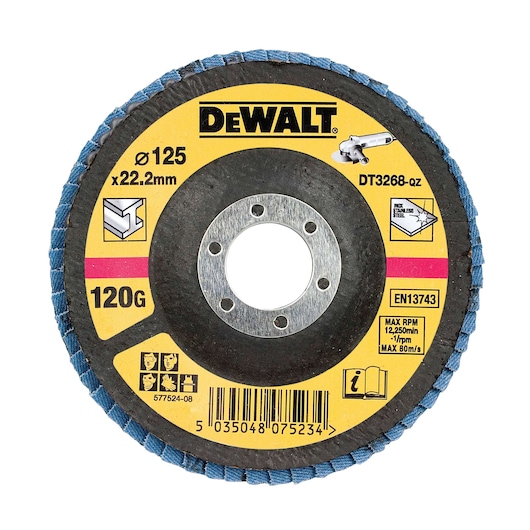 DEWALT DT3268 flap disc, 125mm, 120G grit, for metal and steel grinding. Yellow label with specs and barcode.