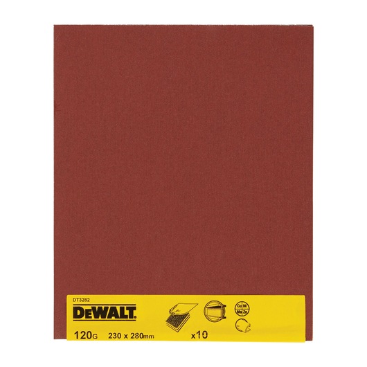 DEWALT DT3282 sanding sheet, 230x280mm, 120 grit, pack of 10. Red sheet with yellow label at the bottom.