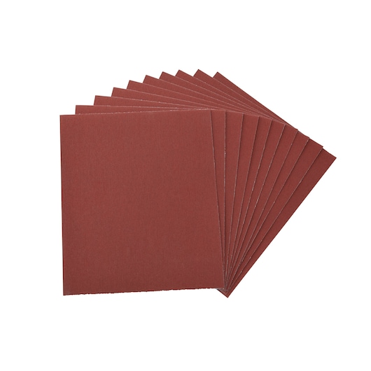 A set of ten brown rectangular DEWALT sandpaper sheets arranged in a fanned-out pattern on a white background.