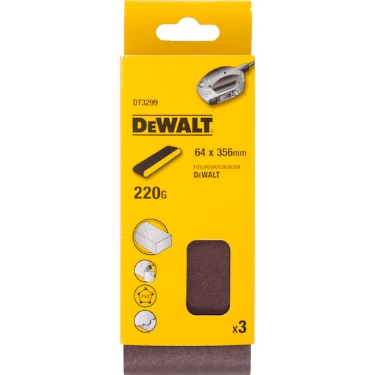 DEWALT sanding sheets DT3299, 64x356mm, 220 grit, pack of 3 for wood, PVC, and other materials.