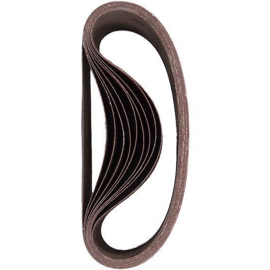 Stack of brown DEWALT sanding belts, looped together for use with belt sanders on woodworking projects.