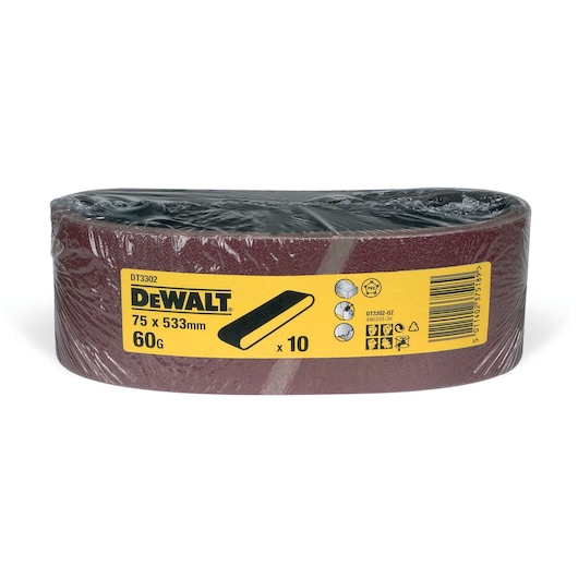 DEWALT DT3302 sanding belt pack, 75x533mm, 60 grit, 10 pieces, wrapped in plastic.