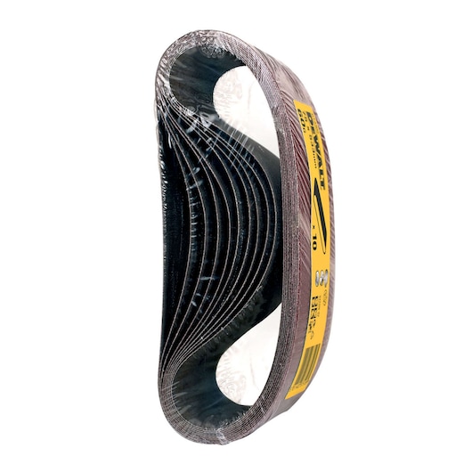Pack of DEWALT sanding belts wrapped in plastic, suitable for woodworking and surface finishing.