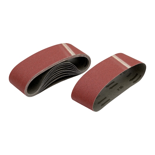 Two red DEWALT sanding belts with grit markings, used for surface sanding and finishing.