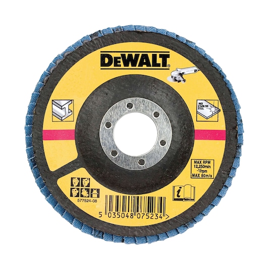 A DEWALT branded abrasive flap disc, model DT3308, designed for use with power tools for grinding or finishing metal surfaces. The disc is circular with a yellow label, blue abrasive edges, and multiple icons for safety and instructions.