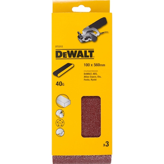 DEWALT DT3312 sanding belts, 100x560mm, 40 grit, pack of 3, for wood, PVC, metal and compatible devices.