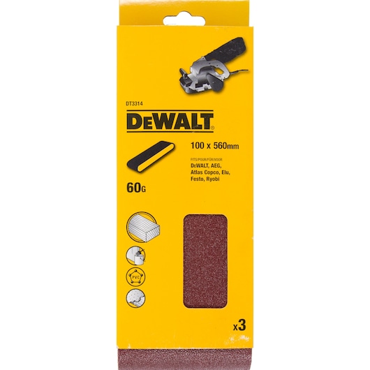 DEWALT DT3314 60 grit sanding belt pack, 100x560mm, suitable for wood, PVC, metals, 3 belts in yellow packaging.