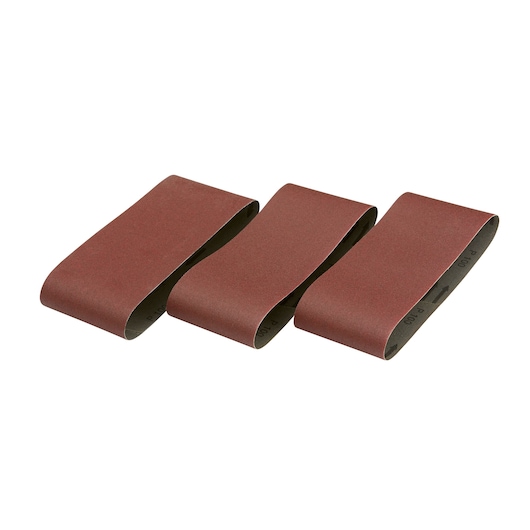 Three brown DEWALT sanding belts, placed side by side on a white background.