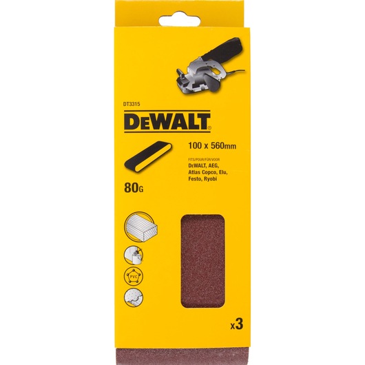 DEWALT DT3315 sanding belt pack, 100x560mm, 80 grit, for various materials, contains 3 belts.