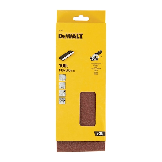 DEWALT DT3316 sanding belts pack, 100G grit, 100x560mm, for various materials, contains three belts.