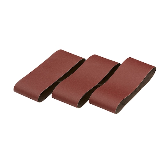 Three brown DEWALT sanding belts laid out side by side on a white surface.