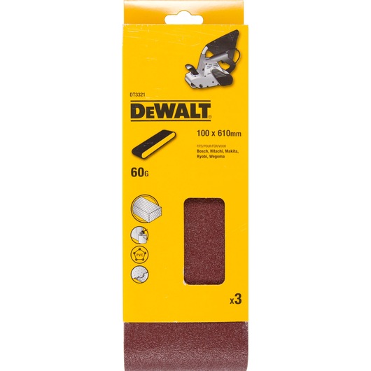 DEWALT sanding belt pack, 100x610mm, 60 grit, for wood and PVC. Contains 3 belts per pack.