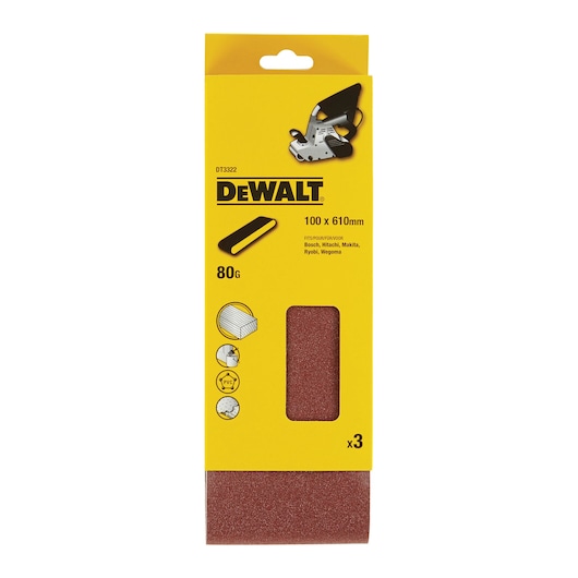 DEWALT DT3322 sanding belt pack, 100x610mm, 80 grit, for wood, PVC, and metal. Contains three belts.