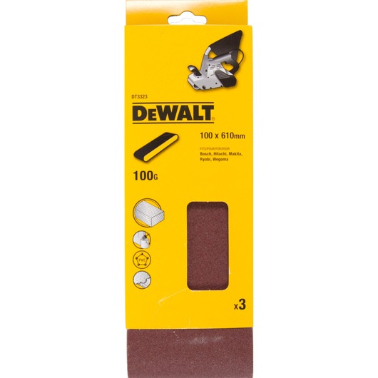 DEWALT DT3323 sanding belt, 100x610mm, 100 grit, pack of 3 for various brands. Yellow packaging shown.