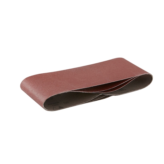 A DEWALT sanding belt, brown colored, used for surface smoothing in woodworking or metalworking.