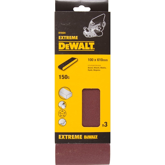 DEWALT DT3324 sanding belts, 100x610mm, 150G, compatible with various brands, pack of 3 shown in packaging.