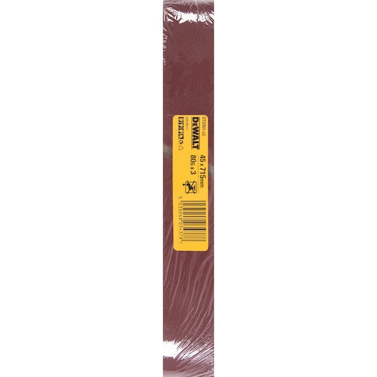 DEWALT sanding belt pack, 45x715mm, grit 80, in brown, with yellow label and barcode visible.