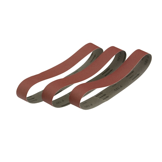 Three DEWALT sanding belts, brown in color, displayed side by side on a white background.