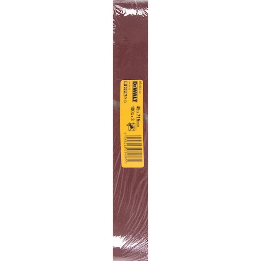 DEWALT DT3352 abrasive belt, 45x715mm, packaged with yellow label, for sanding and finishing tasks.
