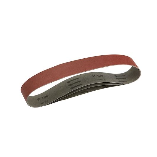 Red DEWALT sanding belt P120 grit for power tools, shown against a white background.