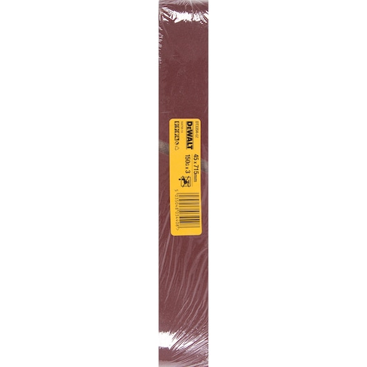DEWALT sanding belt, DT3354, 45x715mm, in brown color with yellow label, packaged for retail sale.