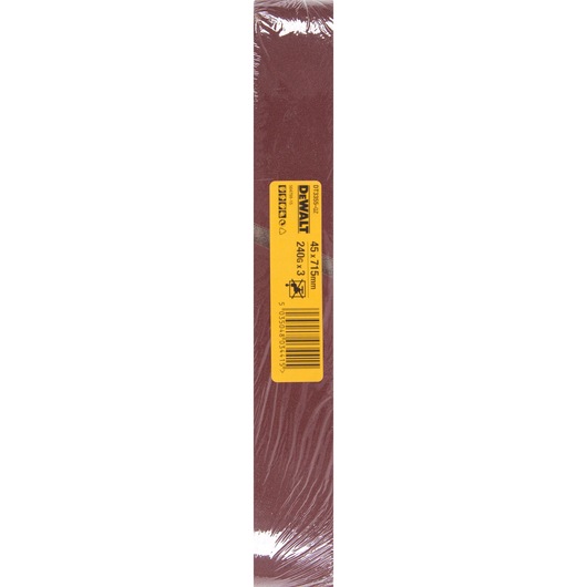 DEWALT DT3355 sanding belt, 45x715mm, 240 grit, brown, pack of 3, wrapped in plastic with yellow label.