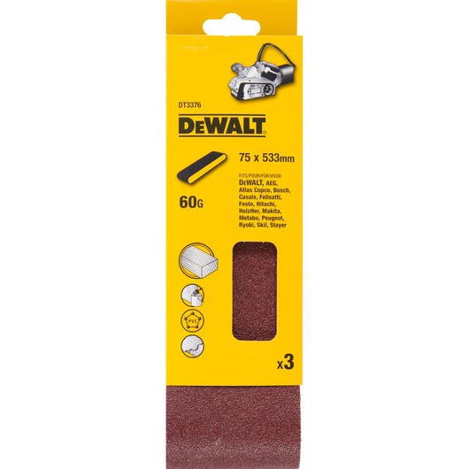DEWALT sanding belt pack, 75x533mm, 60 grit, fits various brands, yellow box, contains three belts.