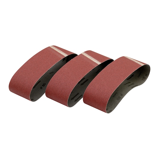 Three red sanding belts are arranged side by side, with grit grade P80 visible on the inside surface.