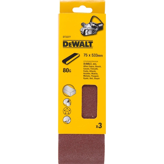 DEWALT DT3377 sanding belts pack, 75x533mm, 80 grit. Yellow packaging shows three belts for wood, PVC, and metal.