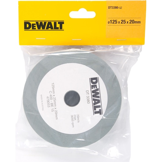DEWALT grinding wheel in packaging, SKUs DT3380 and DT3380-QZ, 125x25x20mm.