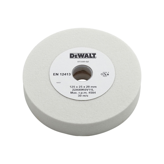 A DEWALT DT3385 white grinding wheel with a central hole, labeled with specifications including size 125 x 25 x 20 mm and maximum speed 4584 RPM.