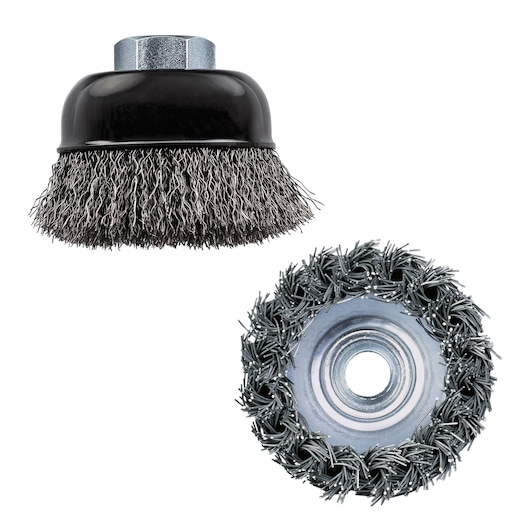 Two DEWALT DT3480 steel wire cup brushes for surface cleaning, shown from side and top views.
