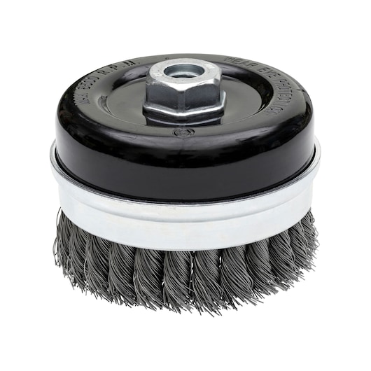 Round wire cup brush with metal base and threaded nut, used for cleaning or surface preparation.