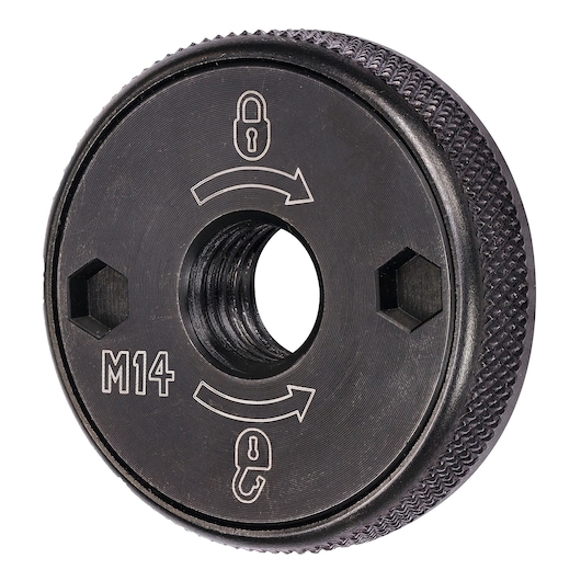 DEWALT DT3559 M14 metal locking nut for angle grinders, showing lock/unlock symbols and arrows.