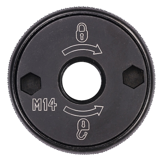 DEWALT DT3559 M14 locking ring with lock symbols and arrows for accessory attachment.