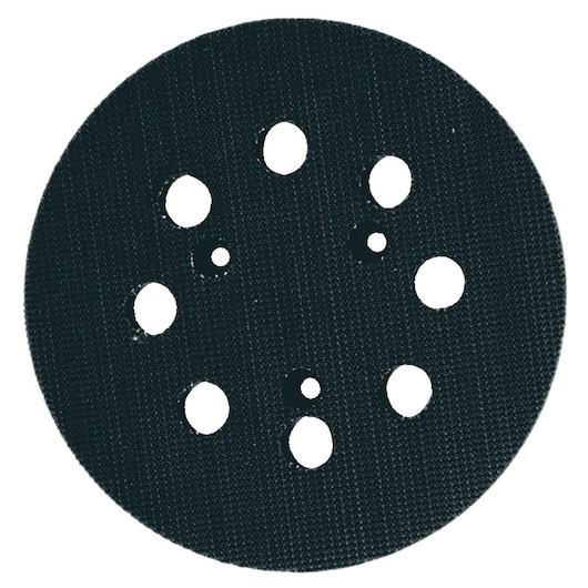 Round black DEWALT sanding disc with multiple holes for dust extraction, suitable for orbital sanders.
