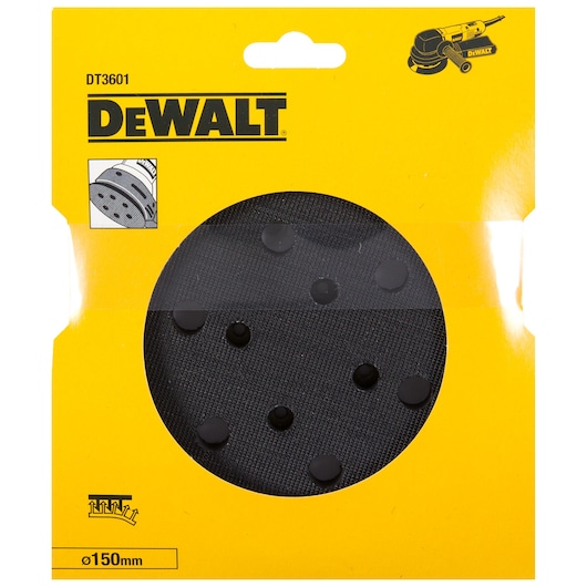 DEWALT sanding disc DT3601, DT3601-QZ in yellow pack, photography category, 150mm diameter shown.