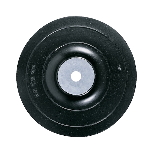 Round DEWALT DT3612 backing pad for abrasive discs, shown from above, black with a central metal hole.